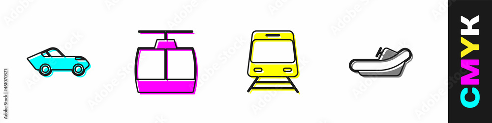 设置汽车、缆车、火车和铁路以及漂流船图标。矢量