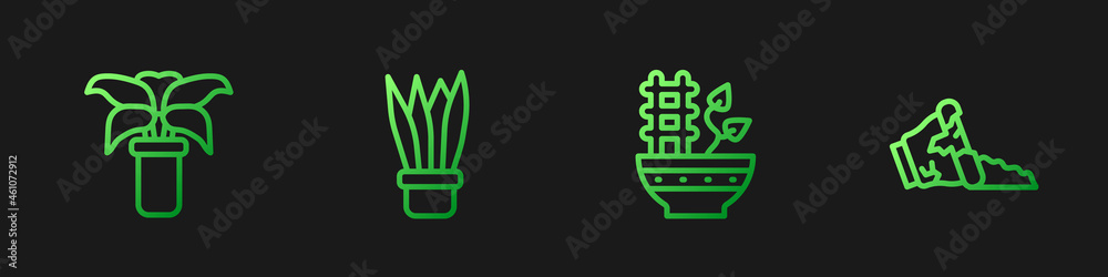 在花盆中设置线条植物、异国热带植物和破碎。渐变颜色图标。矢量