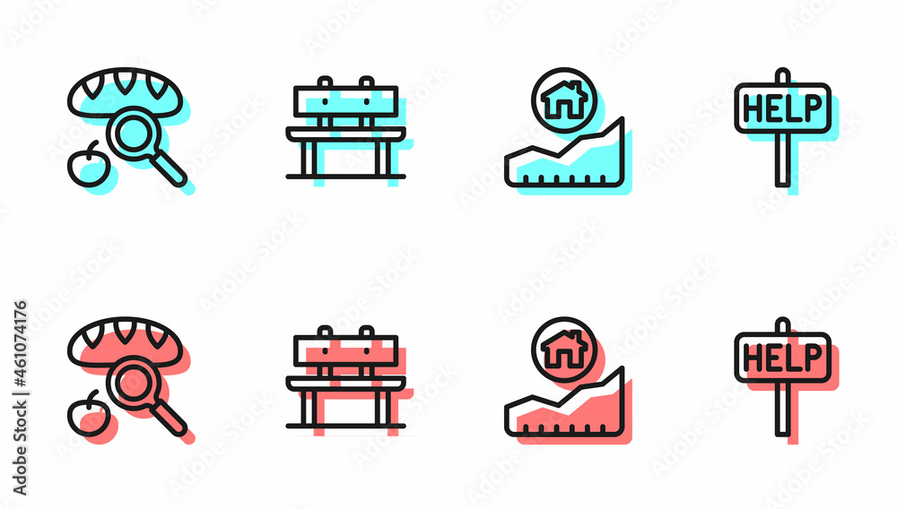 设置线住房成本上升，搜索食物，长椅和询问帮助文本图标。矢量
