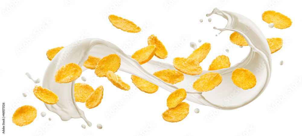 Corn flakes with milk splash isolated on white background 