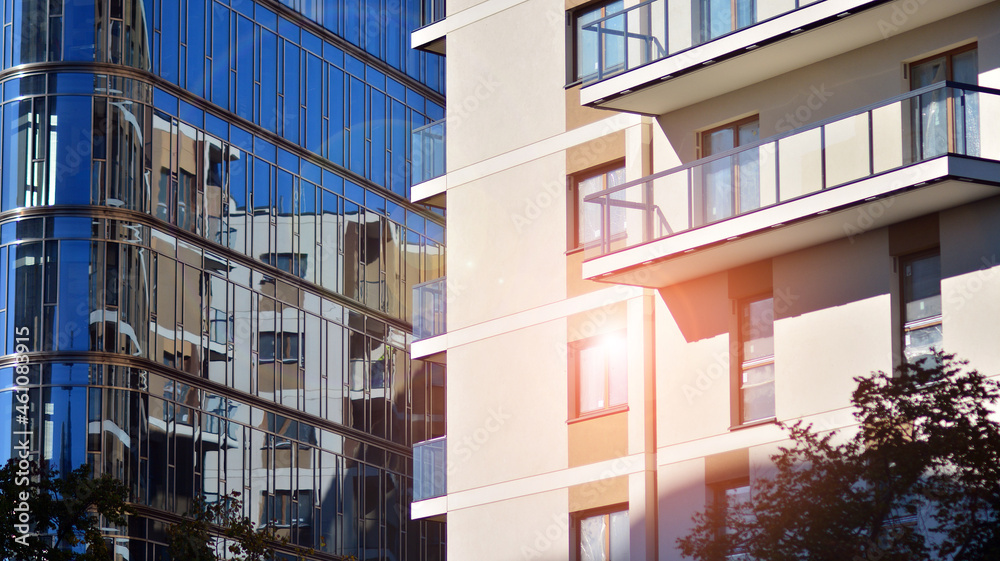 Corporate architecture building. New modern office building. Textured blue pane of contemporary glas