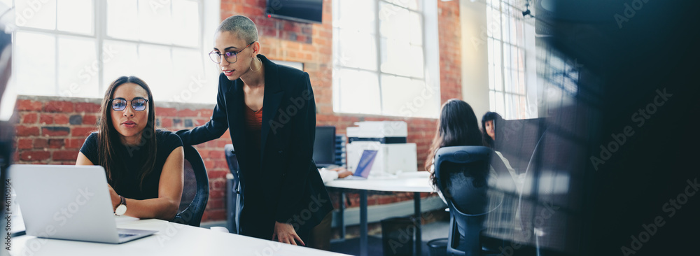 Two businesswomen working together in a creative office