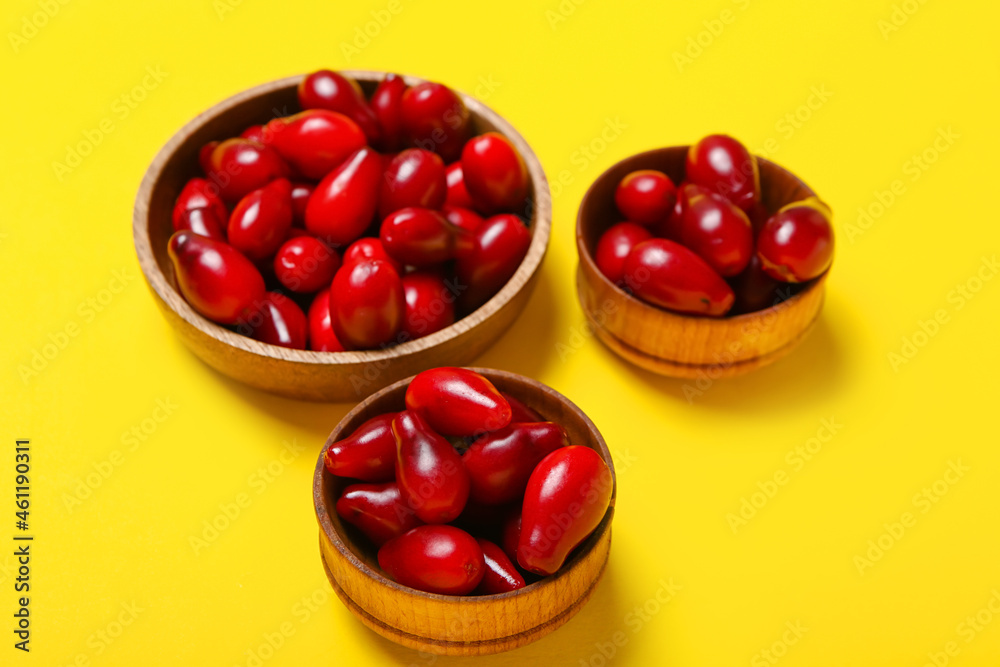 Bowls with ripe dogwood berries on color background