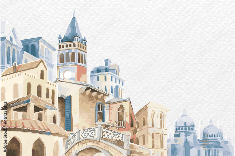 Border vector with architectural Mediterranean buildings in watercolor on white paper textured backg