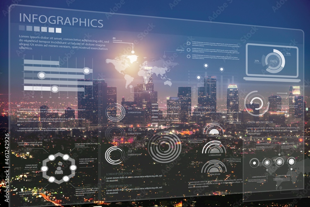 Modern cityscape and communication network image. Smart city.