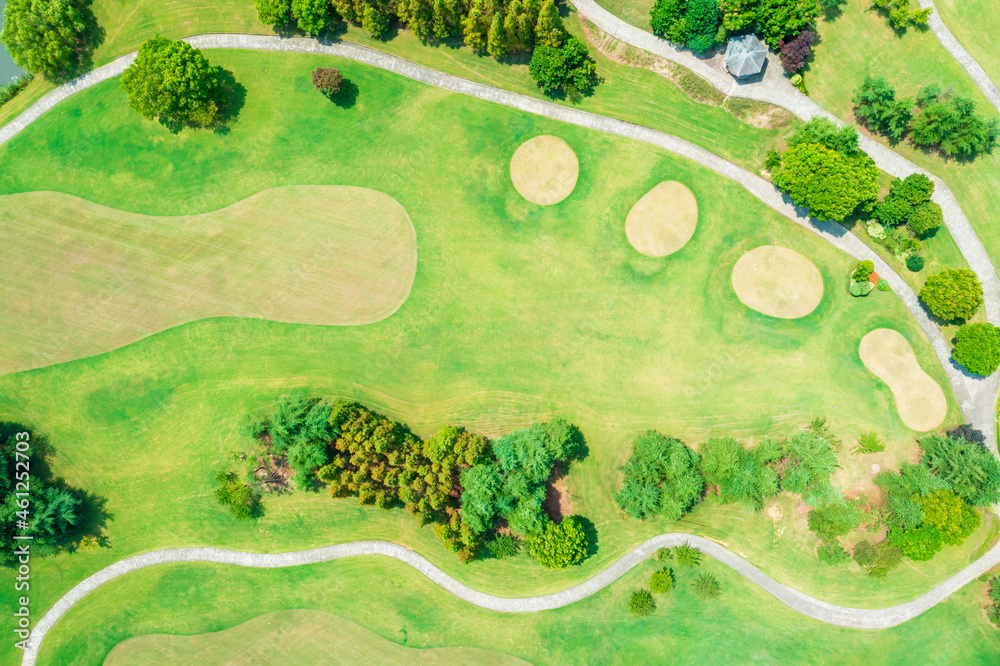 Aerial view of green lawn on golf course.