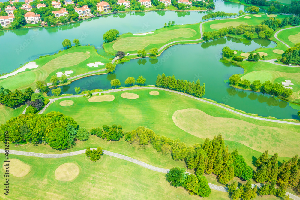 Aerial view of green lawn and forest on golf course.Green golf course scenery.