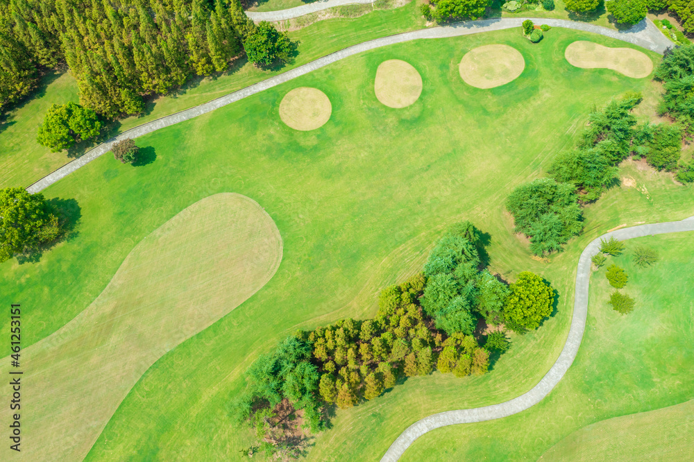 Aerial view of green lawn on golf course.