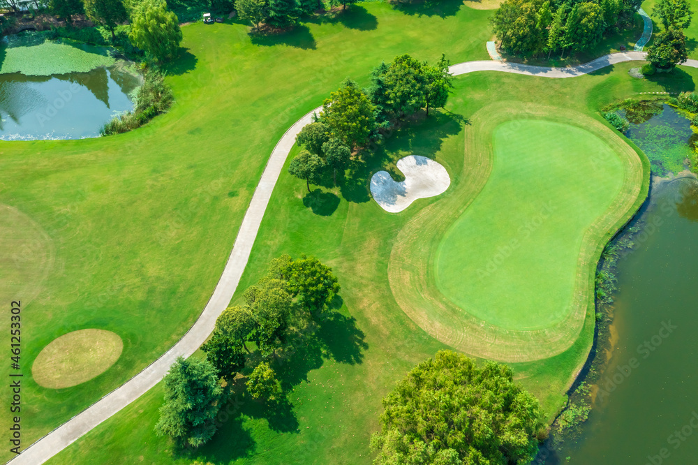 Aerial view of green lawn and forest on golf course.