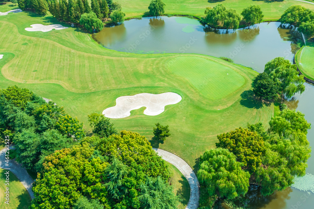 Aerial view of green lawn and forest on golf course.