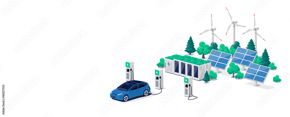 Electric car charging on parking lot with fast supercharger station and many charger stalls. Vehicle