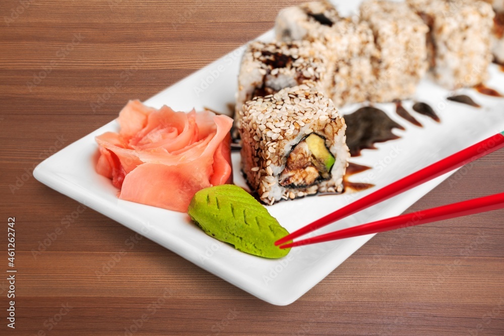 Tasty fresh sushi dish on the desk in restaurant