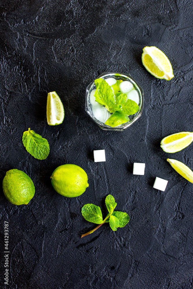 making mojito on dark background top view