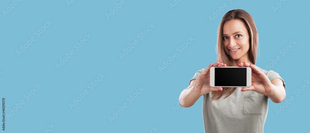 Entrepreneur woman showing blank screen smartphone on the background.