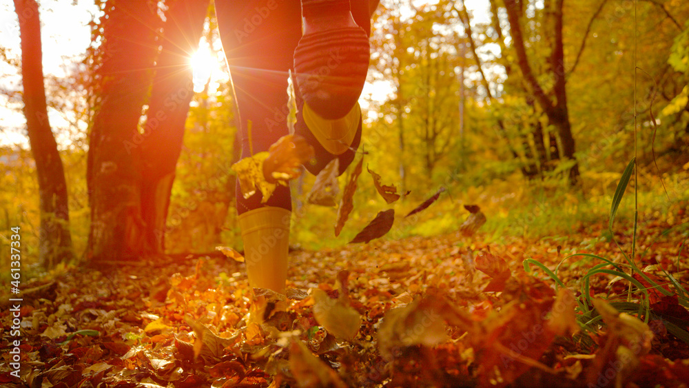 LOW ANGLE: Unrecognizable happy woman wearing yellow boots runs in fall forest.