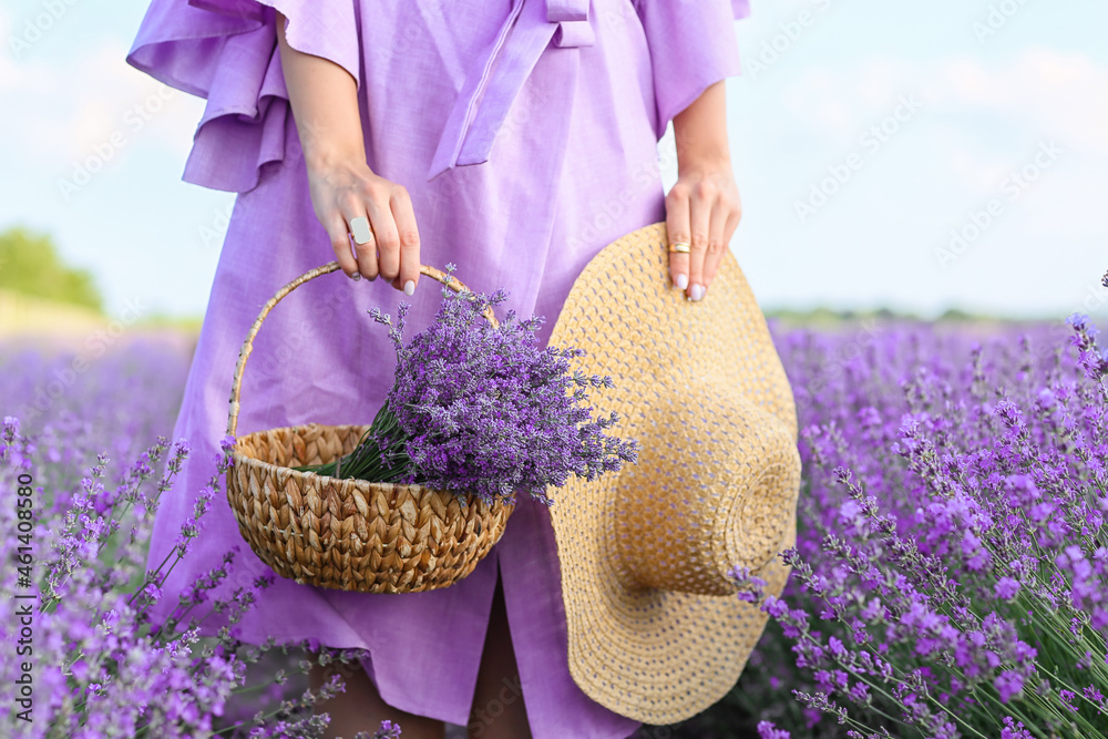 薰衣草地里美丽的年轻女人