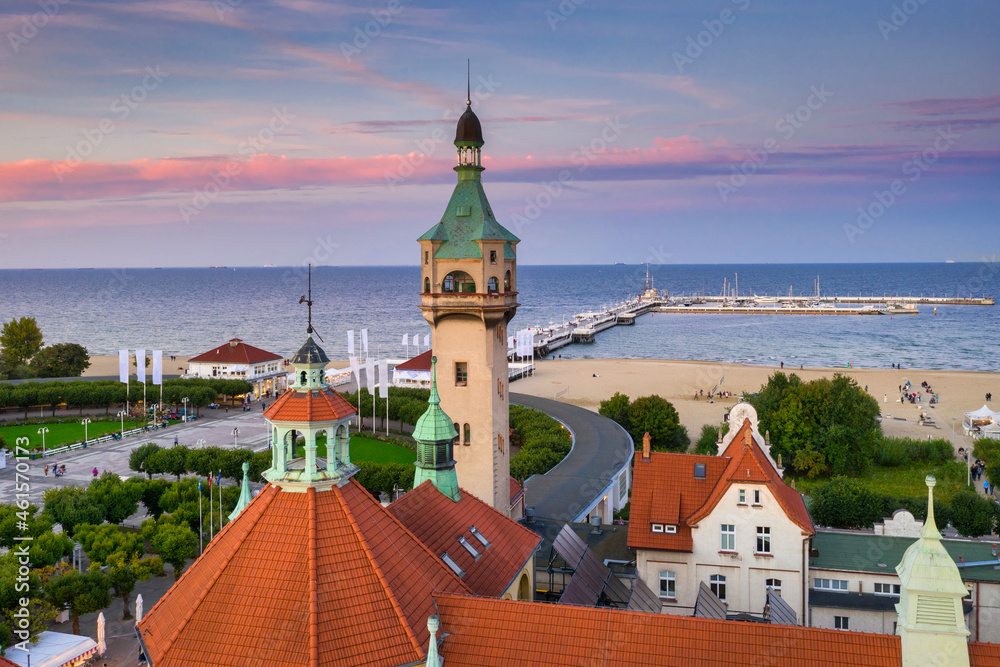 Beautiful architecture of Sopot city by the Baltic Sea at sunset, Poland.