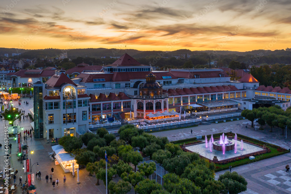 Beautiful architecture of Sopot city by the Baltic Sea at sunset, Poland.