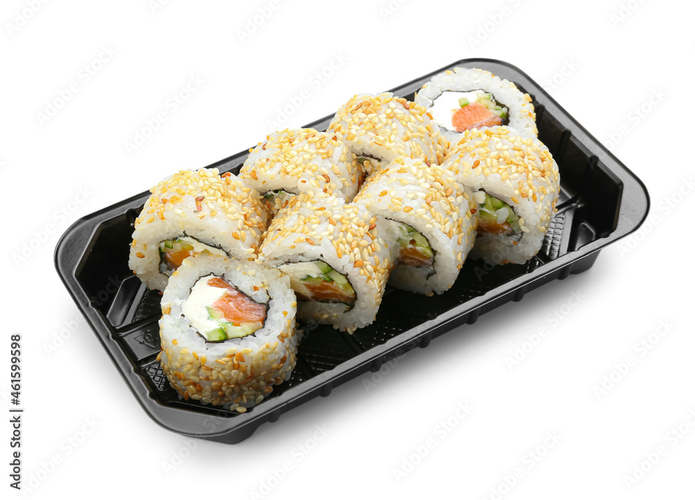 Set of delicious sushi rolls on white background