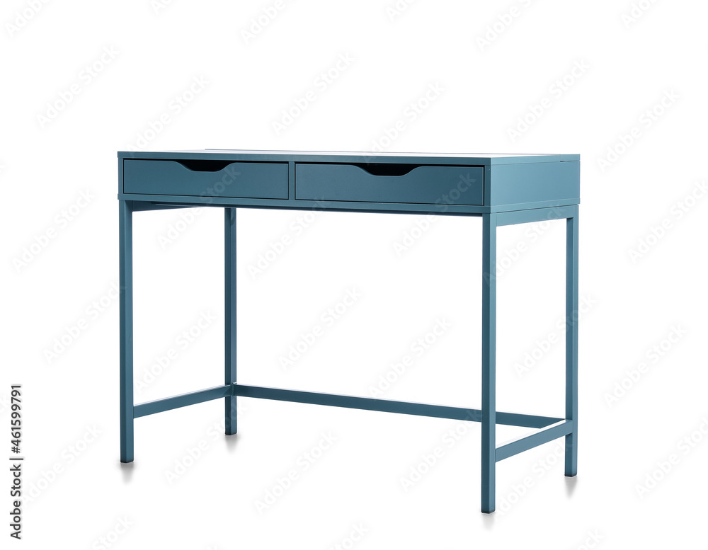 Blue table with drawers on white background