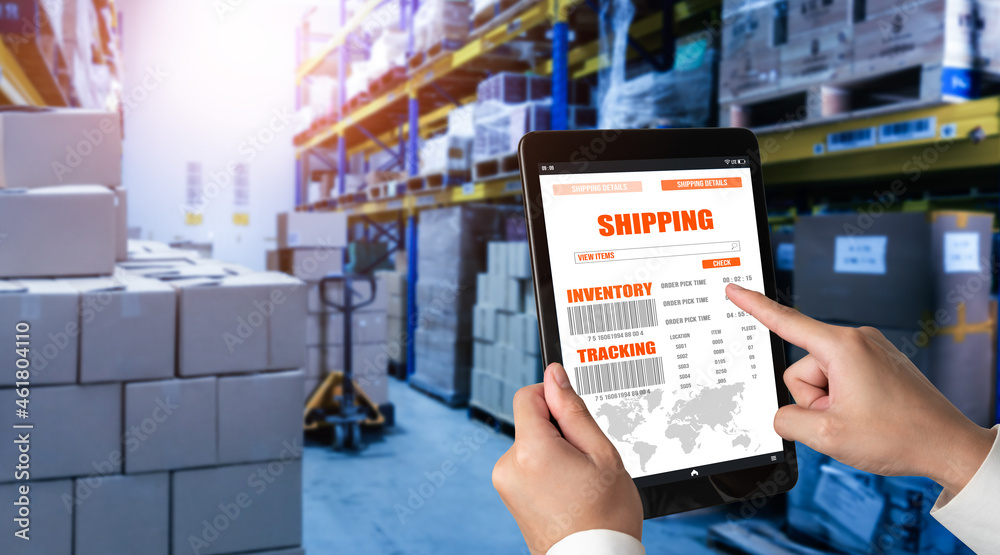 Warehouse management innovative software in computer for real time monitoring of goods package deliv