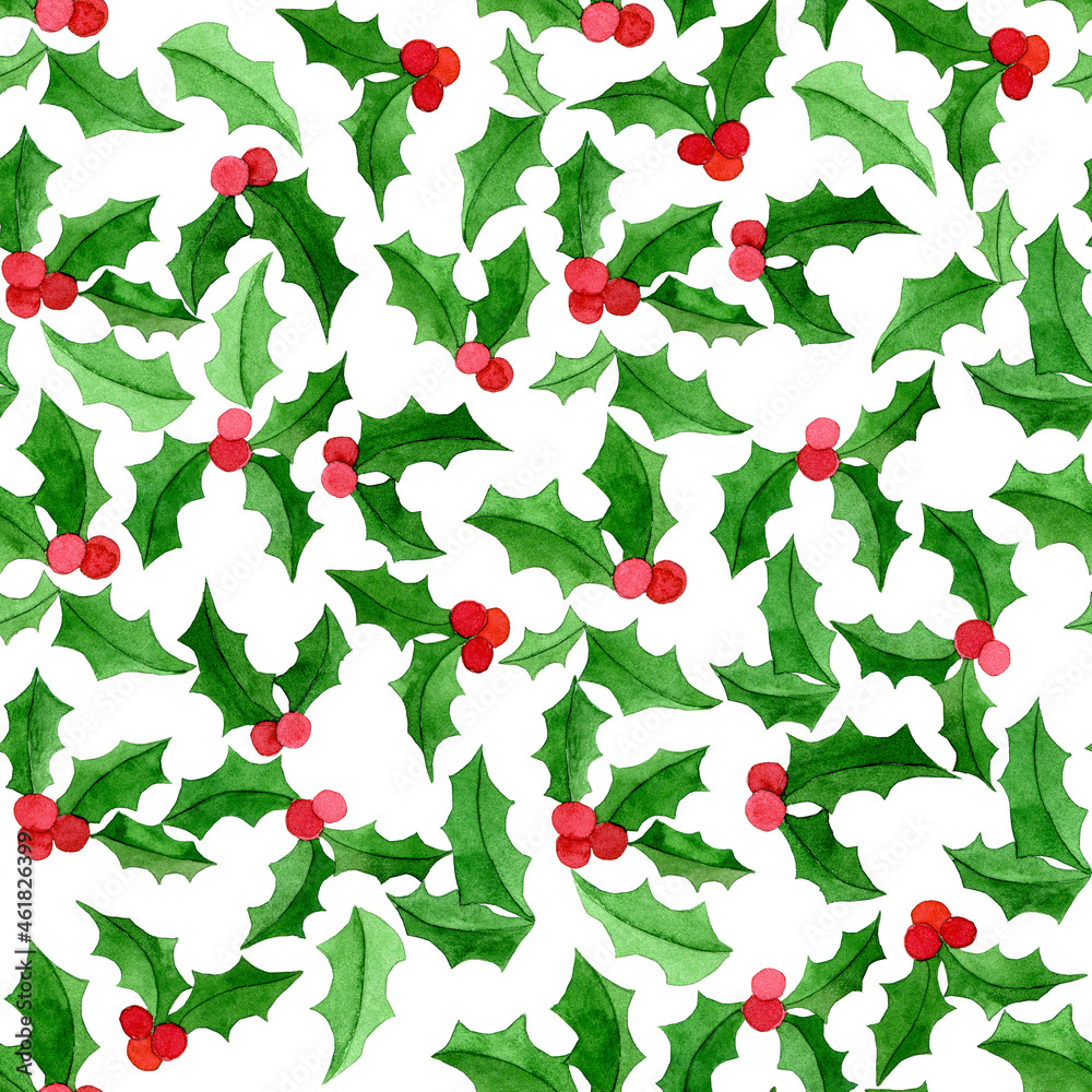 watercolor seamless pattern with holly on a white background. simple christmas new year print with r