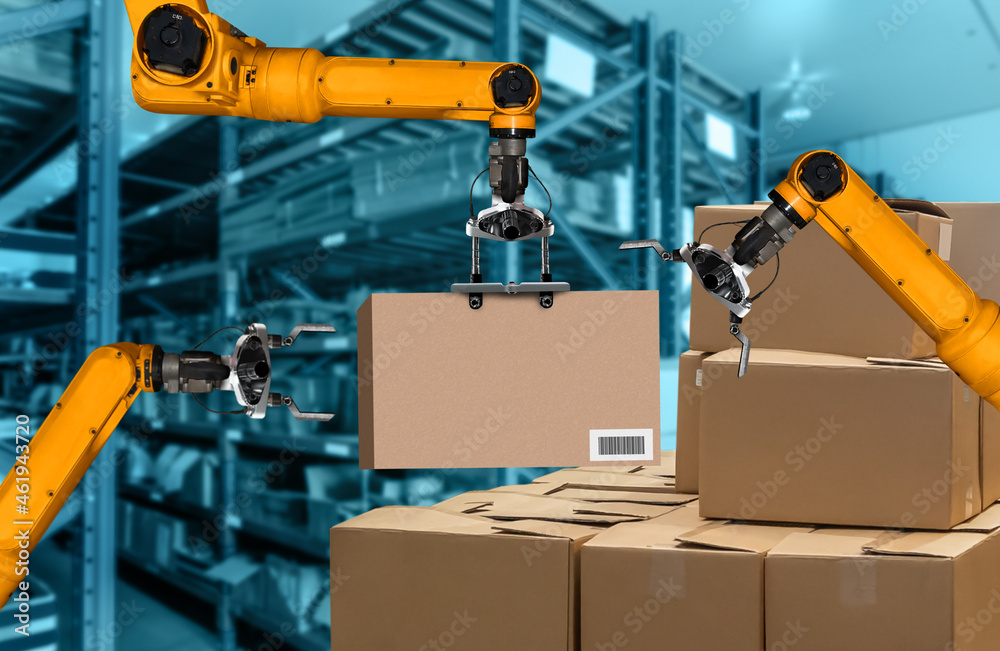 Smart robot arm system for innovative warehouse and factory digital technology . Automation manufact