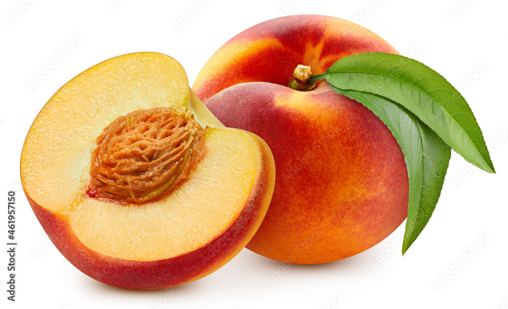 Juicy peach isolated on the white background. Fresh peach and leaf. Clipping path peach. Peach macro