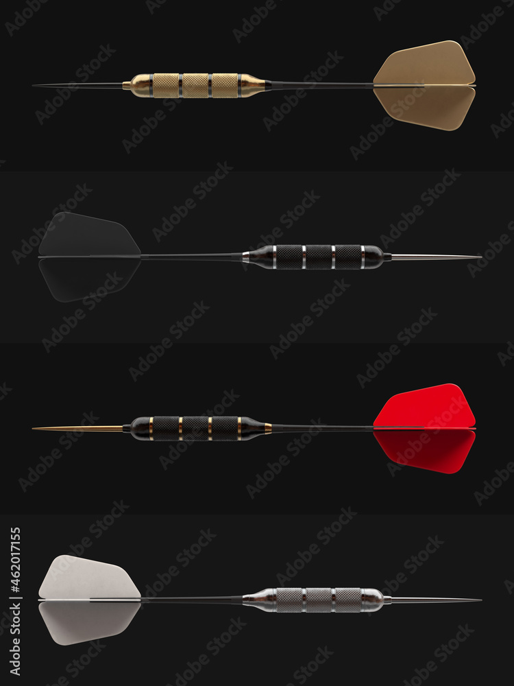 3D illustration of 4 shiny metallic darts.