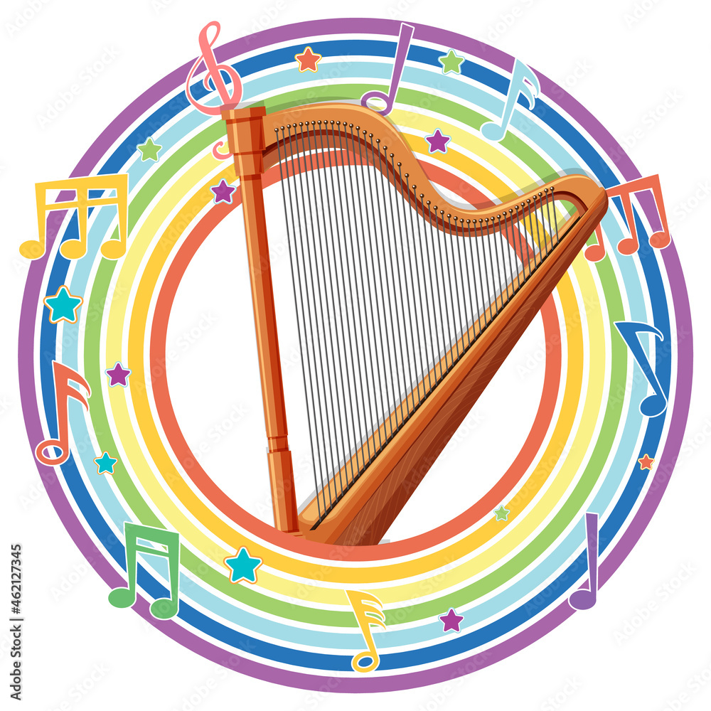 Harp in rainbow round frame with melody symbols