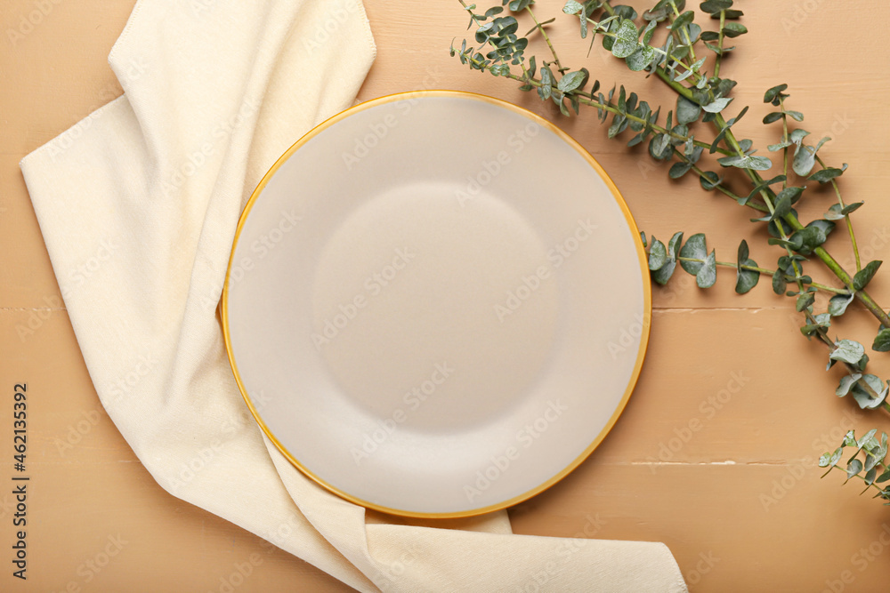 Empty plate and eucalyptus branch on color wooden background, closeup