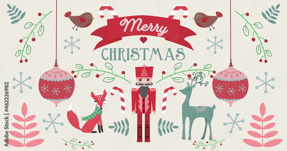 Image of Merry Christmas words with animals on Christmas decorations background