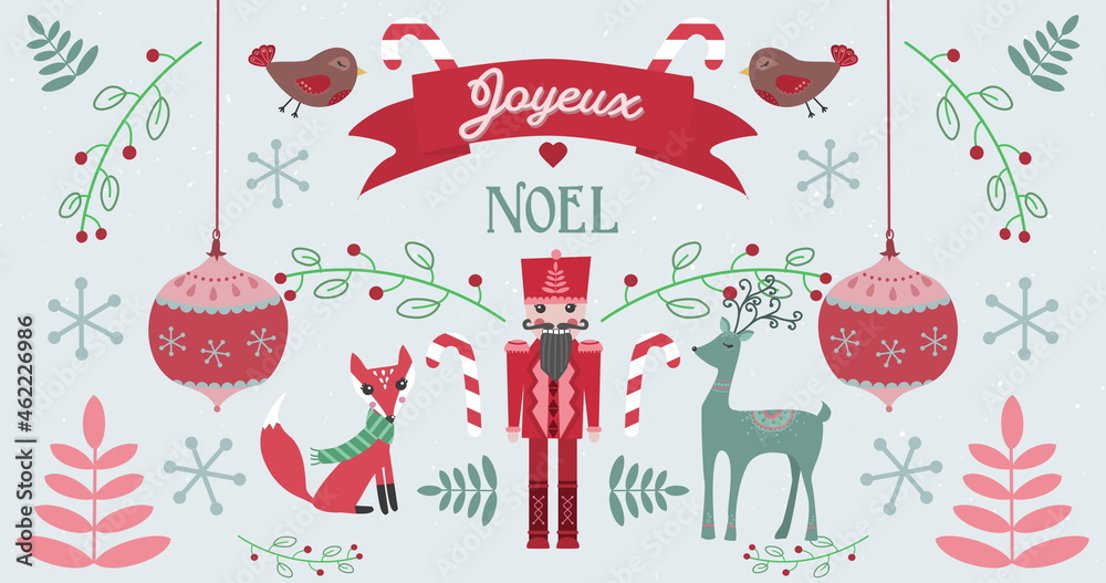 Image of Joyeux Noel words with animals on Christmas decorations background