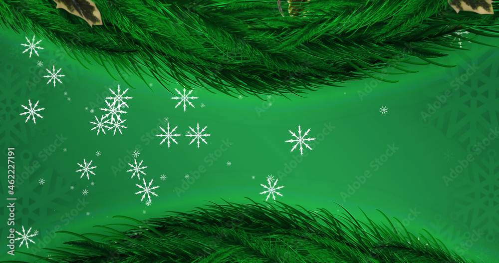 Image of snow falling over christmas fir tree on green background