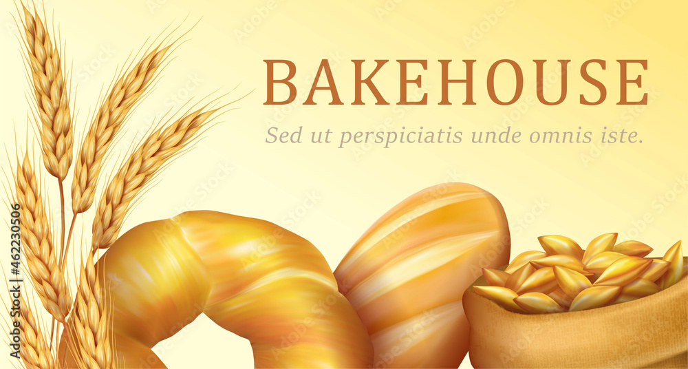 Wheat ears with bread and a bag. Background. Template. Vector illustration.