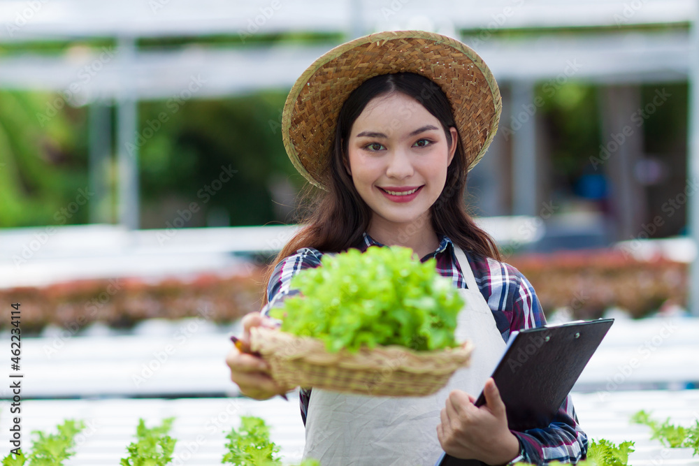 在水培蔬菜农场工作的年轻农民。