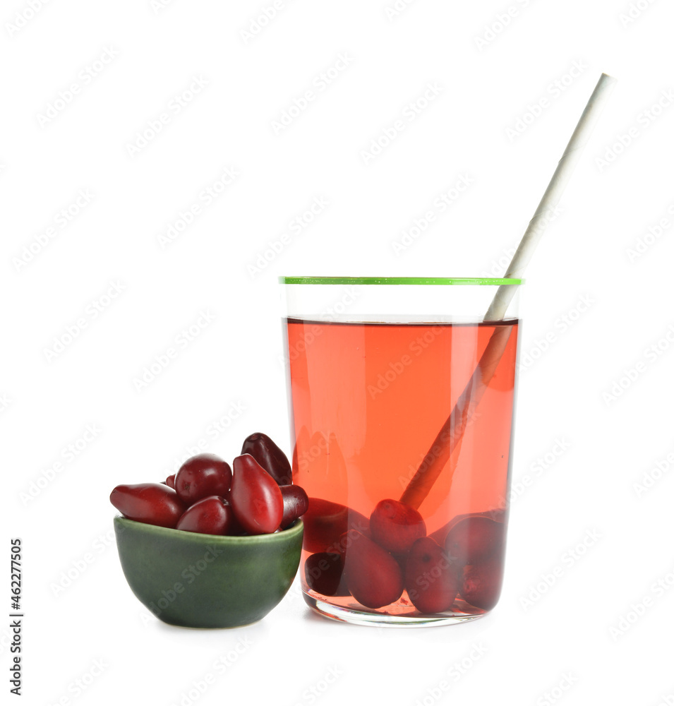 Glass of healthy dogwood berry drink on white background