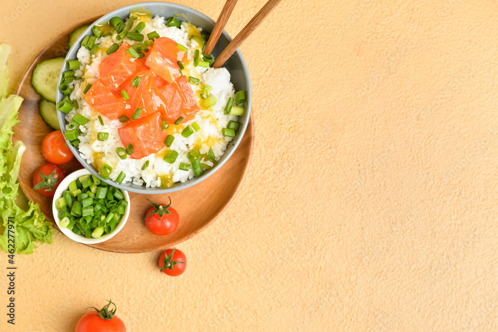 Tasty poke bowl on color background