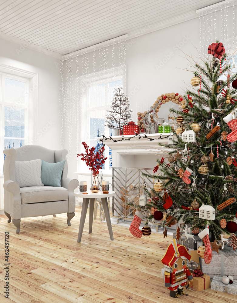 New year tree in scandinavian style interior with christmas decoration	