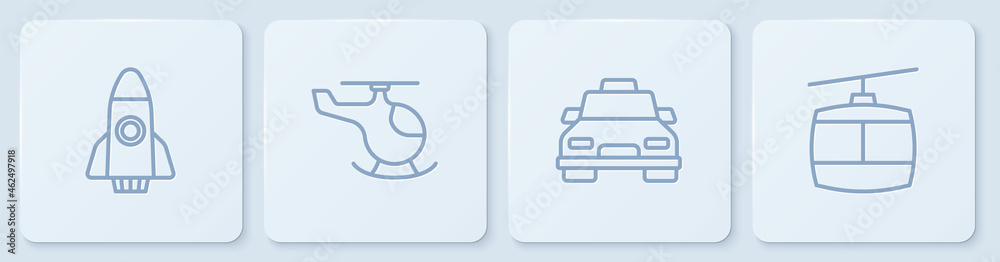 设置线路火箭船，出租车，直升机和电缆。白色方形按钮。矢量