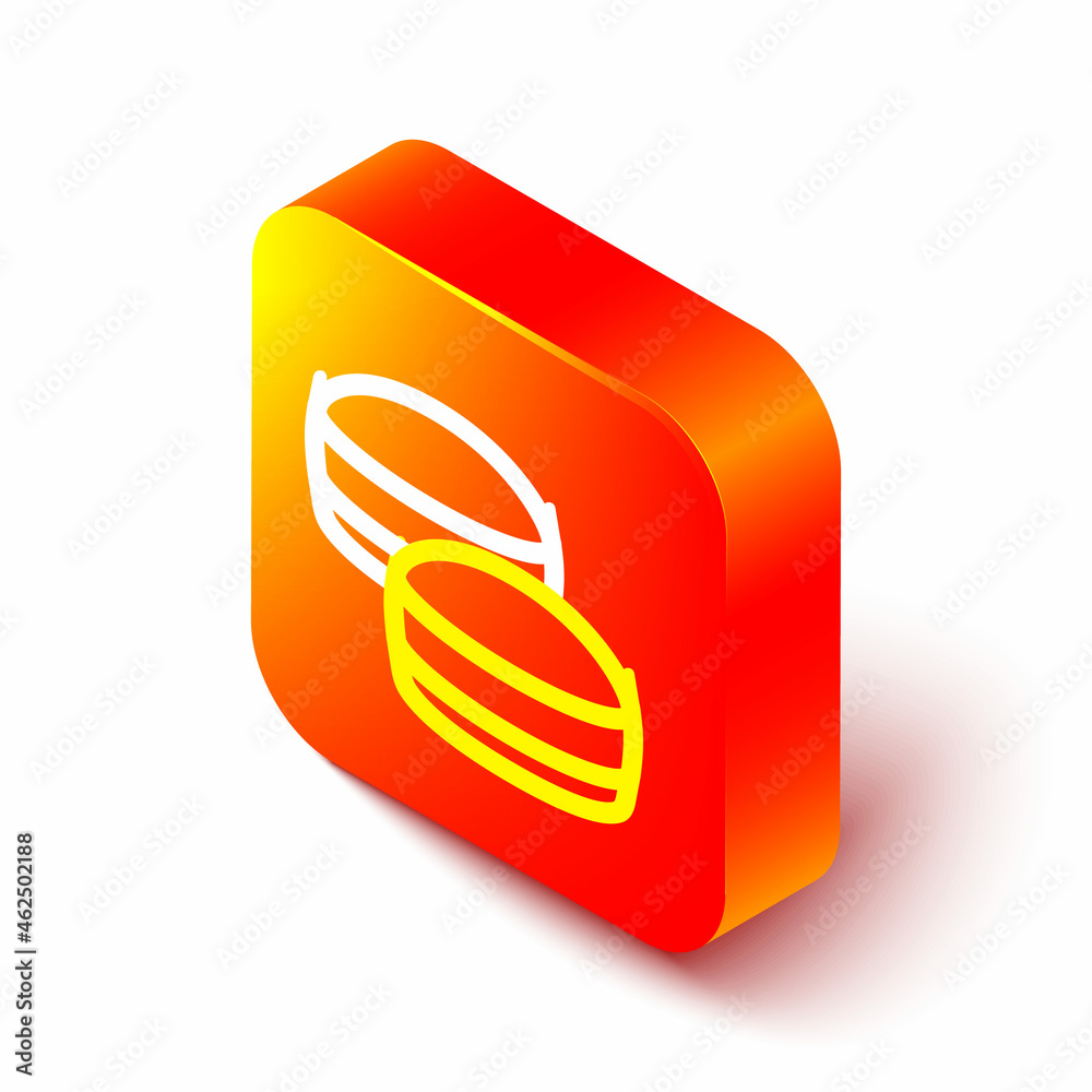 Isometric line Macaron cookie icon isolated on white background. Macaroon sweet bakery. Orange squar