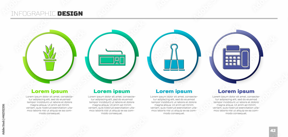 设置花盆、键盘、活页夹和电话。商业信息图模板。矢量