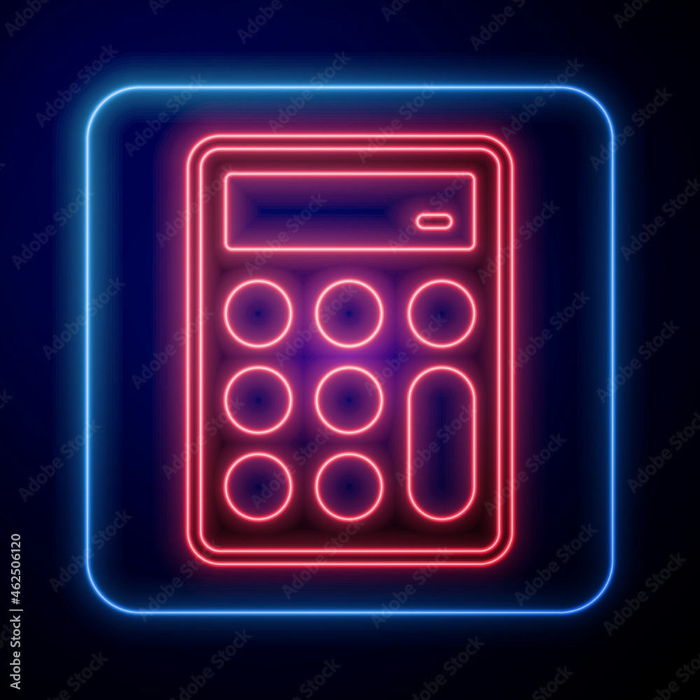 Glowing neon Calculator icon isolated on black background. Accounting symbol. Business calculations 