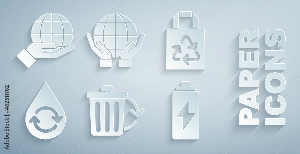 Set Recycle bin with recycle, Paper bag, clean aqua, Battery, Hands holding Earth globe and icon. Ve