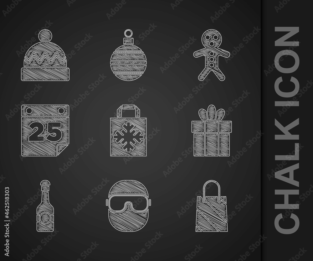 Set Christmas shopping bag, Ski goggles, Gift box, Champagne bottle, Calendar, Holiday gingerbread m