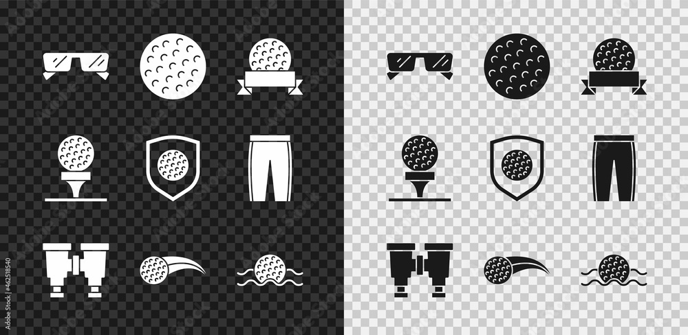 Set Glasses，Golf ball，Binocular，water，on tee and with shield icon.Vvector（设置眼镜、高尔夫球、双筒望远镜、水、发球台和盾牌图标