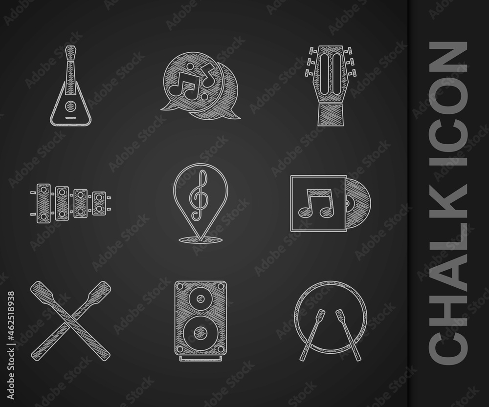 Set Treble clef, Stereo speaker, Drum and drum sticks, Vinyl disk, Xylophone, Guitar and icon. Vecto