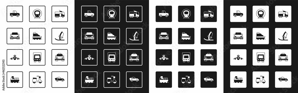 Set Trolleybus, Cruise ship, Car, Pickup truck, Windsurfing, Train and railway, Taxi car and Plane i