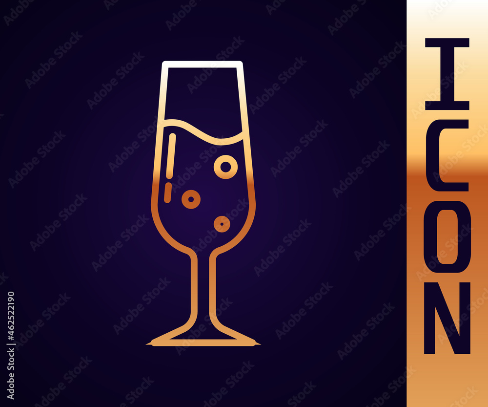 Gold line Glass of champagne icon isolated on black background. Vector