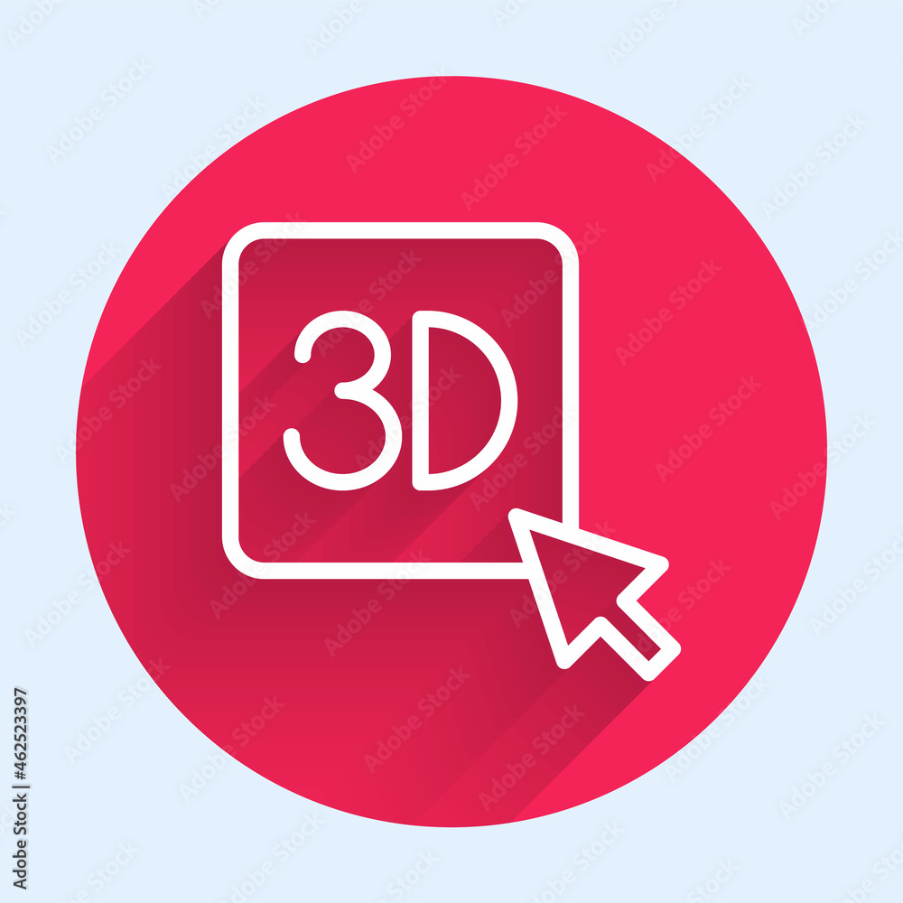 白色线条3D打印机图标与长阴影隔离。3D打印。红色圆圈按钮。矢量